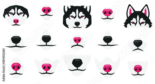 Set of stylized dog faces and noses, featuring husky illustrations and generic canine noses for creating various animal character masks.