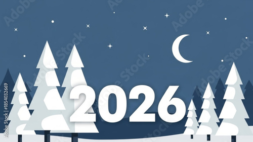 New year 2026 illustration with moon and stars in a snowy forest landscape at night