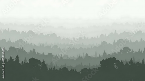 Misty forest landscape illustration with layered trees in monochrome tones, serene nature background
