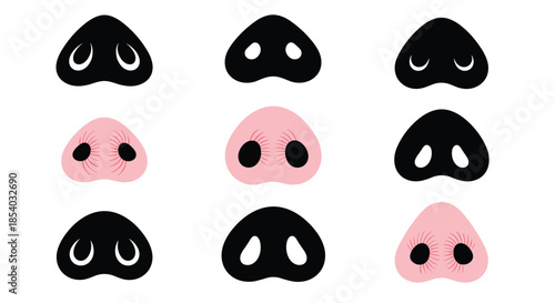Minimalist graphic set of pig snouts in black and pink, illustrating the iconic shape with simple lines and details for design use.
