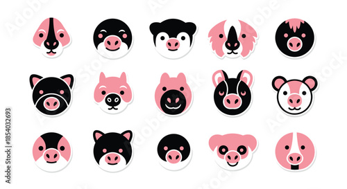 Cute collection of cartoon pig and guinea pig head stickers in a simple, rounded style with a friendly pink and black color palette.