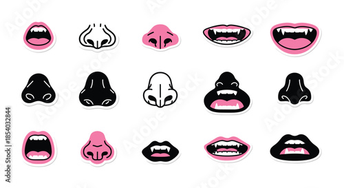 A collection of cartoon vampire mouths with sharp fangs and various human and monster noses, perfect for Halloween character creation.