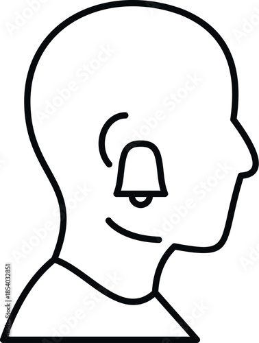 Head profile having a bell inside the ear, symbolizing tinnitus and hearing issues
