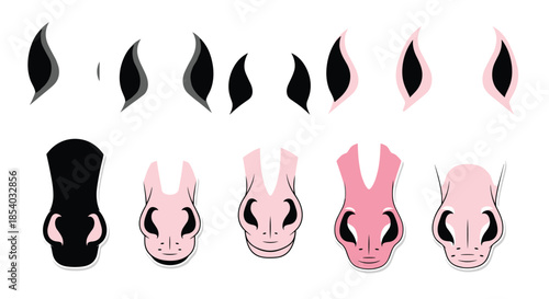Vector set of horse facial features, including various ear shapes and stylized muzzles and noses in black, white, and pink.