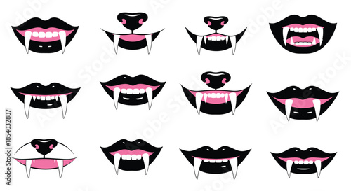 A sharp collection of cartoon vampire mouths featuring pronounced white fangs against black and pink lips, some with animal-like noses.