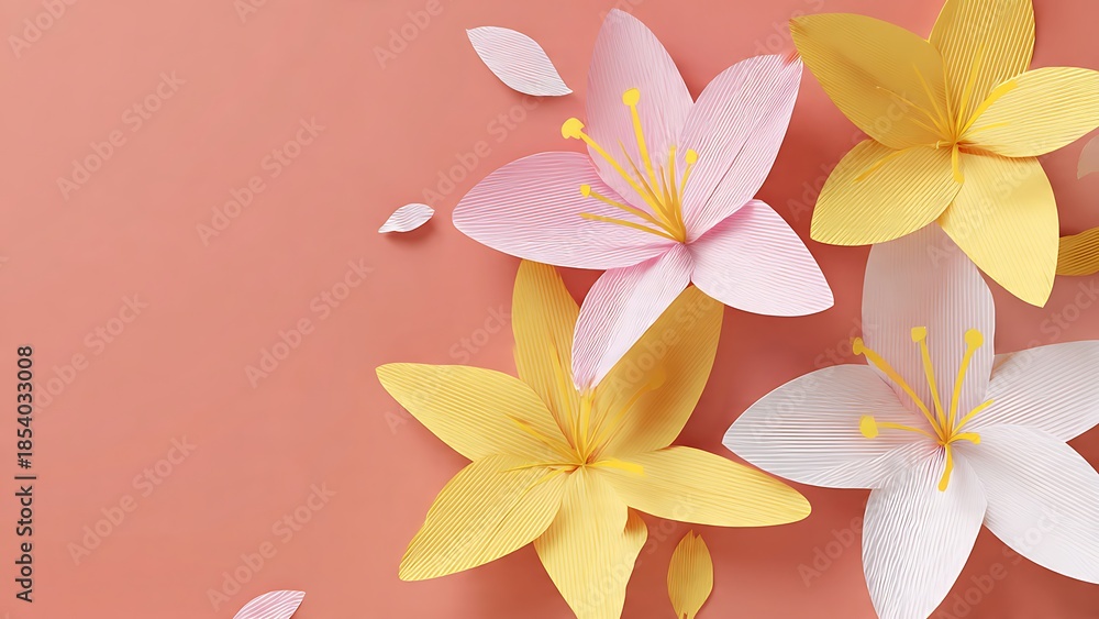 Fototapeta premium Minimalist 3D Paper Cut Style Illustration of Colorful Floral Design