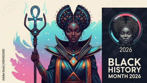 Black woman in futuristic costume holding ankh staff, black history month 2026 celebration