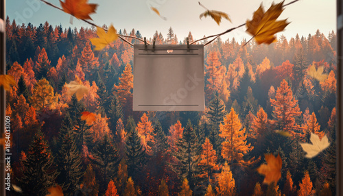 Blank Calendar Hanging Over Colorful Autumn Forest Scenery