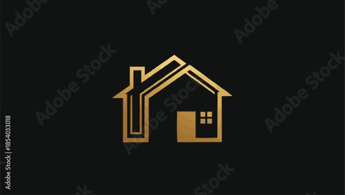 Golden House Icon on Black Background.
