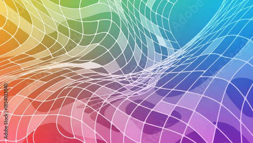 Vibrant rainbow colored abstract background with white grid lines and wavy patterns