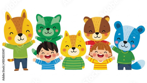 Happy children wearing colorful animal masks with friends in a playful group illustration on white background