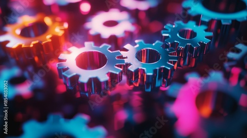 A vibrant representation of interconnected gears in motion. The striking colors create a dynamic atmosphere. Perfect for illustrating engineering concepts. Generative AI