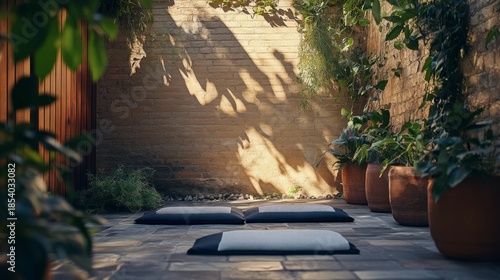 A serene outdoor space with comfortable cushions surrounded by lush greenery and soft shadows. Perfect for relaxation and meditation in nature. Generative AI