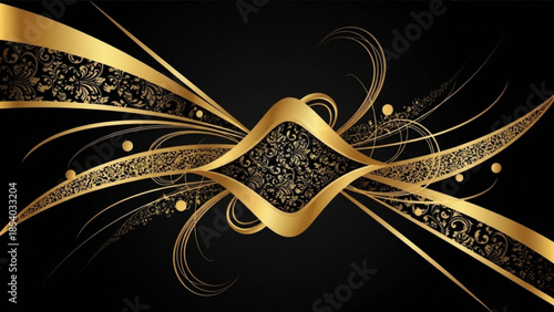 Elegant gold abstract design with intricate patterns on black background for luxury branding