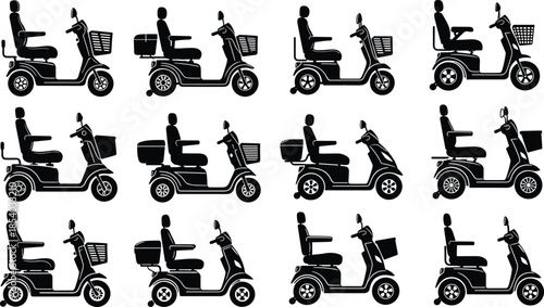 Collection of Mobility Scooter Vector Silhouettes Featuring Electric Power Wheelchairs with Baskets and Seats for Elderly or Disabled People Accessibility Graphics