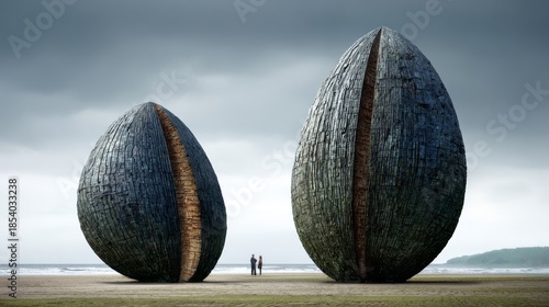 Towering Abstract Sculptures on a Beach with Silhouettes of People Viewing