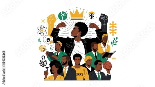 Diverse group of people celebrating unity and empowerment with symbols of knowledge and freedom