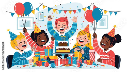 Group of diverse children celebrating birthday with cake and balloons in a festive atmosphere