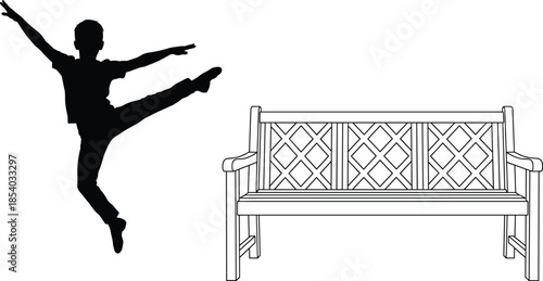 Ballet dancer silhouette performing graceful leap beside park bench illustration, expressing elegance, balance, 