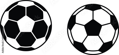 Classic soccer ball icon illustration showing black and white football designs, sports equipment symbolism, match play, training, and team competition concepts
