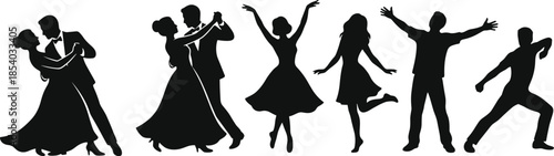 Dancing couples and individuals silhouette set expressing romance, celebration, movement, choreography, and joyful human motion for events, parties, and artistic designs