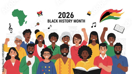 Diverse group celebrating black history month with african flag and musical notes