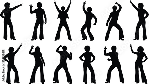 Dancing people silhouette icon set showcasing expressive disco poses, energetic movement, party celebration, choreography, and stylish human motion for creative designs