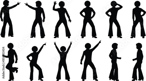 Dancing people silhouette icon set showing expressive poses, movement, celebration, disco style, choreography, and energetic human motion for creative designs