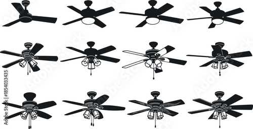 Set of Ceiling Fan Vector Silhouettes Featuring Modern Three Blade Designs and Traditional Four Blade Styles with Integrated Multiple Light Fixtures
