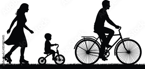 Family cycling together silhouette showing parents and child enjoying outdoor recreation, healthy active lifestyle, park leisure, and joyful bonding moments