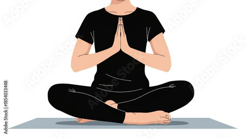 Woman practicing yoga in lotus position with hands together in prayer on a yoga mat, meditation and mindfulness illustration