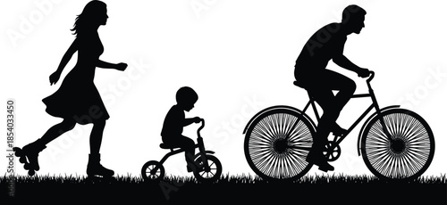 Family outdoor activity silhouette featuring parents and child cycling together in park, representing healthy lifestyle, recreation, bonding, and eco friendly transportation