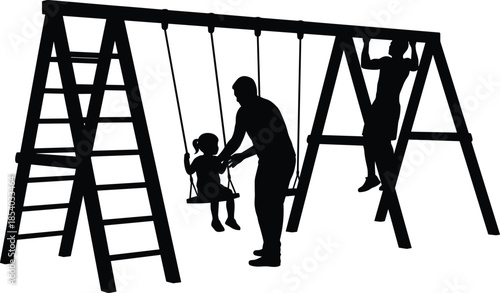 Family playground silhouette showing parent pushing child on swing while another plays, symbolizing childhood joy, outdoor play, parenting, and family bonding