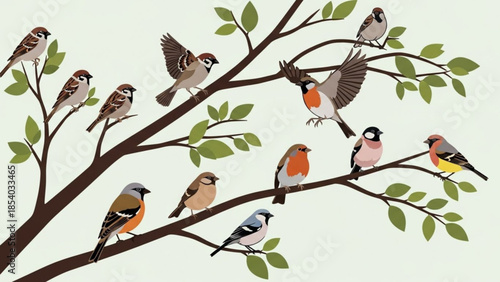 Colorful illustration of multiple small birds perched on tree branches with green leaves