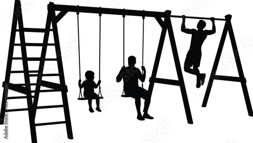Family playground silhouette with parent and children on swings and climbing frame, representing outdoor play, childhood fun, bonding, and active family lifestyleFamily 