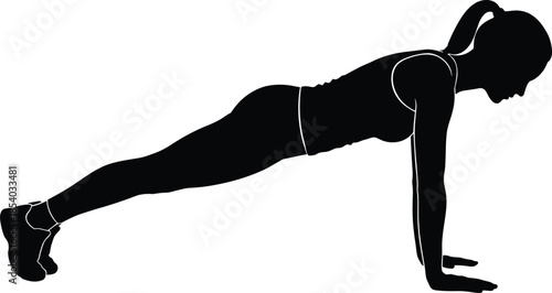 Female fitness plank exercise silhouette demonstrating core strength, balance, endurance training, yoga workout, healthy lifestyle, and home gym motivation