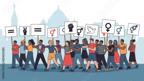 Diverse group of people marching with equality and gender symbols on signs