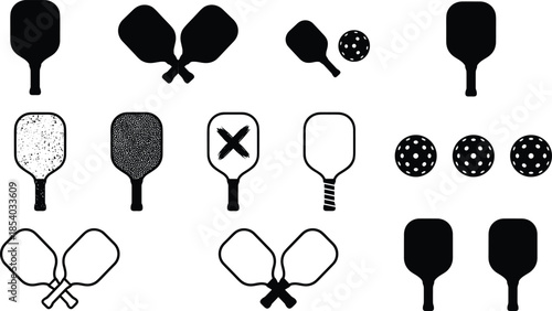 Pickleball paddle and ball silhouette icon set featuring equipment variations, game symbols, sports design elements, and recreational activity graphics