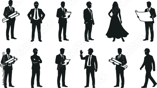 Professional business and construction people silhouette icon set featuring architects, engineers, managers, executives, and formal figures for corporate design useProfessional 