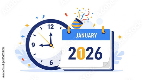 New year 2026 calendar with clock and party hat on white background, celebration concept, modern flat design