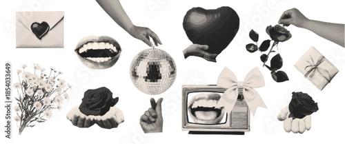 Set of vintage elements of the Valentine's Day collage in grunge with halftone texture. Vector hands, heart-shaped balloon, flower, mouth, rose, chamomile, love letter, bow.