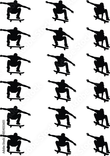 Skateboarder jump silhouette icon set showing dynamic skateboarding tricks, aerial movement, extreme sports action, and urban youth culture design elements