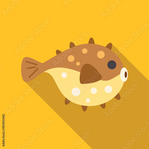 Cute pufferfish illustration with flat design style and long shadow on yellow background