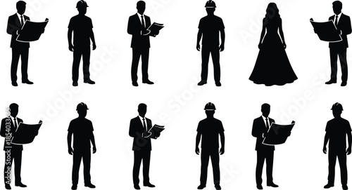 Professional people silhouette icon set featuring business executives, engineers, architects, construction workers, and formal figures for corporate and industry design projects