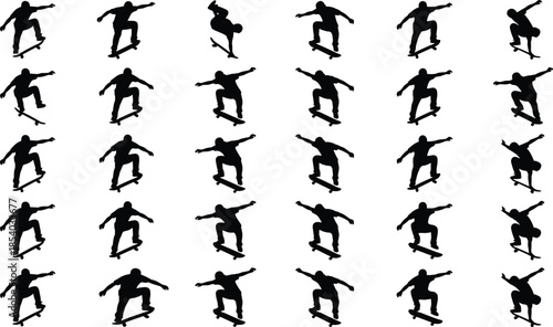 Skateboarding trick silhouette collection showcasing dynamic jumps, flips, and aerial moves, representing extreme sports energy, urban culture, and youth lifestyle design