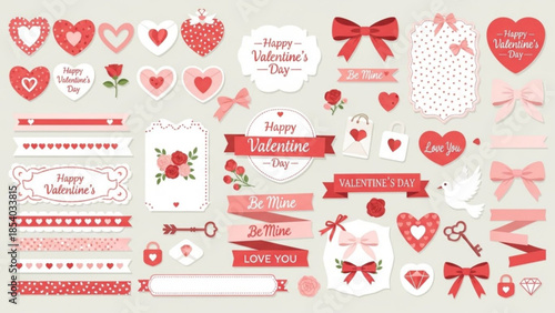 Valentine's day graphic elements collection with hearts, roses, ribbons, and banners in various red and pink hues on a light gray