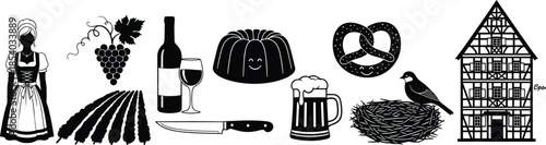 Vector Silhouette Collection of German Cultural Symbols Featuring Dirndl Woman Vineyard Wine Grapes Bundt Cake Pretzel Beer Mug and Timbered House