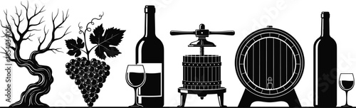 Vector Silhouette Collection of Winemaking Elements Featuring Old Grapevine Vineyard Grapes Wine Bottles Glasses Wooden Barrel and Traditional Fruit Press