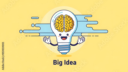 creative big idea concept with cute happy light bulb character containing a human brain symbolizing smart business innovation digital technology growth and startup success