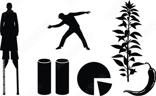 Vector Silhouette Set Featuring Stilt Walker Performer Contemporary Male Dancer Tall Leafy Plant Botanical Element Chili Pepper and Geometric Chart Graphics